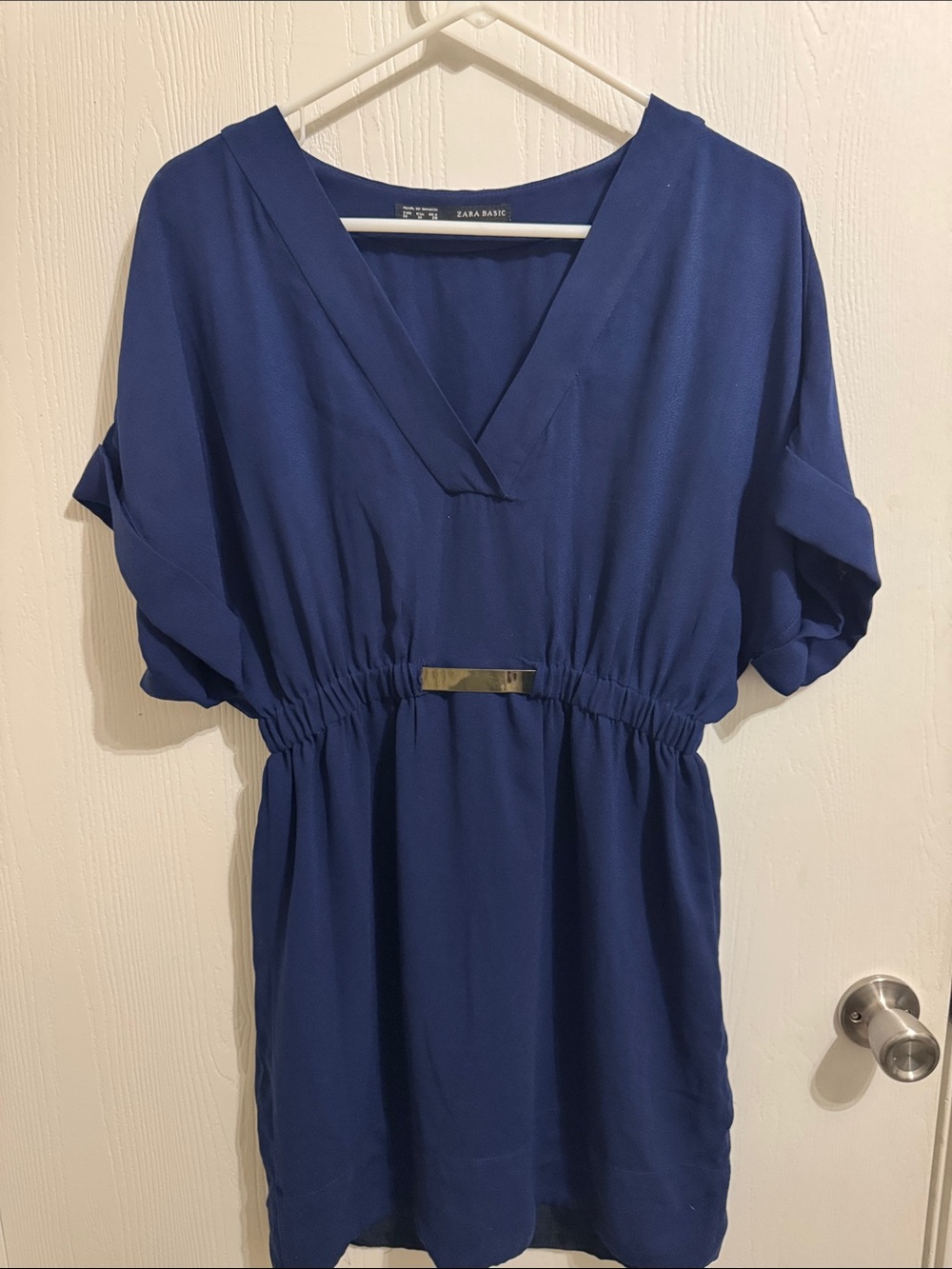 Zara Basic Mini Dress Navy Blue Short Sleeve V Neck Women’s Medium Career Summer